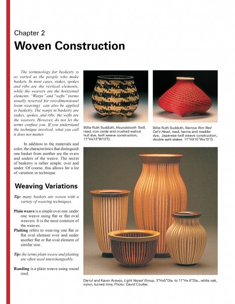 The Basket Inspiration magazine page by Schiffer Publishing, Ltd. displays six handwoven baskets of diverse shapes, colors, and patterns, along with descriptive text and captions about basket weaving techniques and types.
