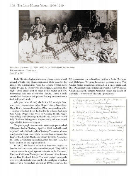 Black-and-white photo of nine Native American women with a quilt, plus a handwritten letter on text about Cherokee women and quilting—featured in "Quilts in Everyday Life, 1855-1955" by Schiffer Publishing, Ltd.