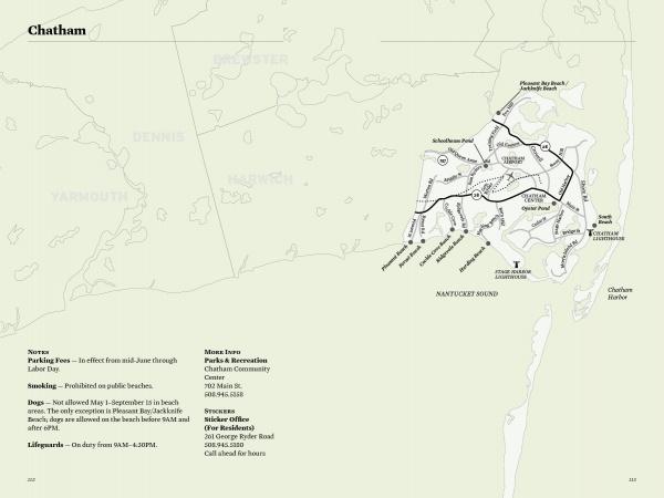 The Cape Cod Notebook by Schiffer Publishing, Ltd. features a detailed map of Chatham, MA—highlighting protected land, trails, beaches, parking, and key spots near Nantucket Sound, plus notes on dogs, snow, office hours, and contact info.