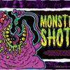 A cartoonish, purple, multi-eyed monster with sharp yellow teeth and green slime drool raises a tiny glass. Neon text reads "Let's Get Monster Smashed" (Schiffer Publishing, Ltd.) on a black, torn background, channeling '80s horror VHS vibes.