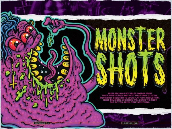 A cartoonish, purple, multi-eyed monster with sharp yellow teeth and green slime drool raises a tiny glass. Neon text reads "Let's Get Monster Smashed" (Schiffer Publishing, Ltd.) on a black, torn background, channeling '80s horror VHS vibes.