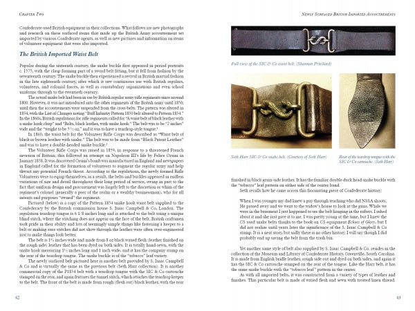 A page from "Suppliers to the Confederacy Volume II" by Schiffer Publishing, Ltd. discusses British-imported waist belts and showcases three antique belt buckles in detail, highlighting their military associations and unique clasps.