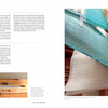 A close-up of a loom weaving blue and white threads appears beside text on handweaving, with an inset showing a wooden damask shuttle. “Velvet on My Mind, Velvet on My Loom” by Schiffer Publishing, Ltd. explores textile history’s rich traditions.