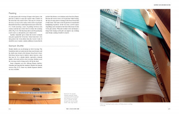 A close-up of a loom weaving blue and white threads appears beside text on handweaving, with an inset showing a wooden damask shuttle. “Velvet on My Mind, Velvet on My Loom” by Schiffer Publishing, Ltd. explores textile history’s rich traditions.