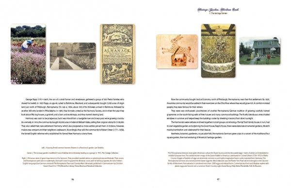 Two pages from "Heritage Gardens, Heirloom Seeds" by Schiffer Publishing, Ltd. showcase text, vintage photos, an almanac cover, heirloom seeds, dried flowers, botanical art, and people working amid heritage gardens.