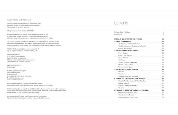 Wide interior scan of "The Puukko" by Schiffer Publishing, Ltd.—copyright and table of contents pages are visible. The right page lists sections starting with “Preface of the Publisher” and topics on punks, Anssi Ruusuvuori, and Finnish knives.