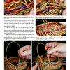 A four-step photo guide from Schiffer Publishing, Ltd.'s "Weaving on Gourds" shows hands threading colorful reeds into a basket's rim, perfect for DIY gourd projects, with close-ups detailing how to loop and secure a finished edge.