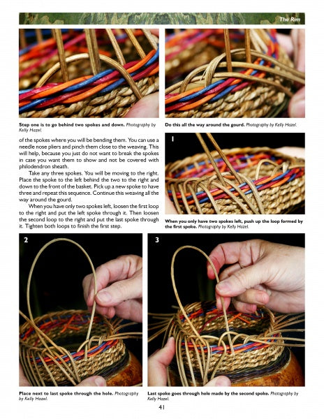 A four-step photo guide from Schiffer Publishing, Ltd.'s "Weaving on Gourds" shows hands threading colorful reeds into a basket's rim, perfect for DIY gourd projects, with close-ups detailing how to loop and secure a finished edge.