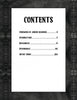 A table of contents page for “Rockabilly/Psychobilly” by Schiffer Publishing, Ltd., features a bold “CONTENTS” heading and five entries on a textured black background, covering rockabilly art, psychobilly artwork, and an Artist Index.