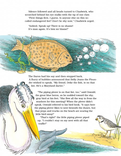A page from "Chadwick Forever" by Schiffer Publishing, Ltd. shows a large fish and pelican conversing by the water with Chadwick the Crab and a shorebird nearby, discussing endangered species and environmental issues in illustrated dialogue.