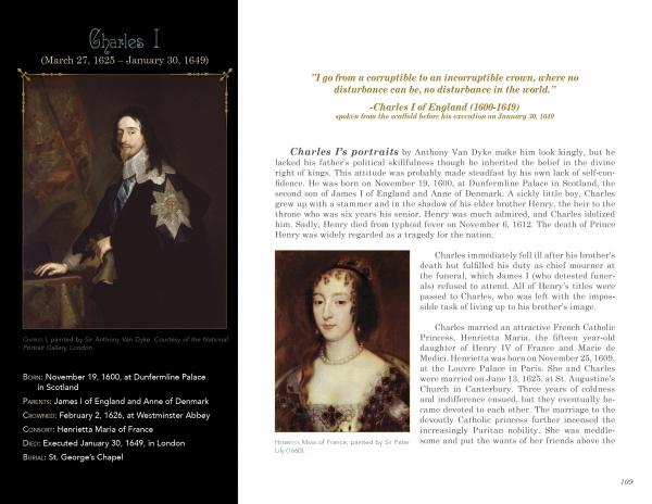 A two-page spread in "Great Britain's Royal Tombs" by Schiffer Publishing, Ltd. features Charles I's portrait, biographical dates, key events, and British monarchy history with a quote, bio, and Queen Henrietta Maria's portrait.