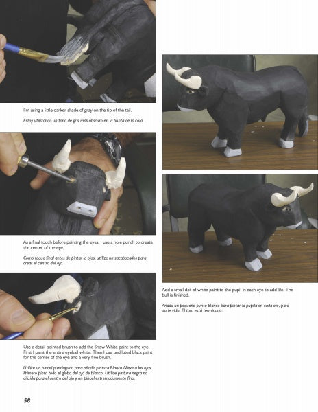 Step-by-step images from "Carving a Bull Fighter & the Bull" by Schiffer Publishing, Ltd. show painting details on a black bull carving, including its tail, eyes made with a hole punch, white horns, and a bullfight-inspired finish.