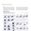 A page from Designing Fashion Accessories by Schiffer Publishing, Ltd. displays hand-drawn sketches of hats and faces, some in blue, purple, and gray, with text about accessory design, hat styles, and creative drawing techniques.
