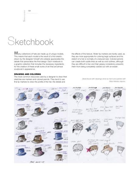 A page from Designing Fashion Accessories by Schiffer Publishing, Ltd. displays hand-drawn sketches of hats and faces, some in blue, purple, and gray, with text about accessory design, hat styles, and creative drawing techniques.