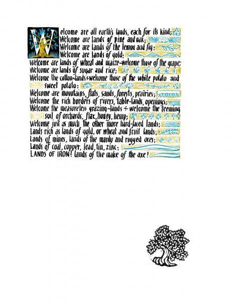 Wharton Esherick's Illuminated & Illustrated Song of the Broad-Axe by Schiffer Publishing features decorative text with colorful borders, a stylized W, welcoming verse, and a small tree illustration on a white background.