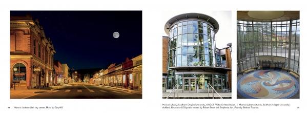 On the left, a tranquil, historic city street under a full moon; on the right, two photos of a glass-walled university library—each reflecting the photographic diversity of "Southern Oregon" by Schiffer Publishing, Ltd.