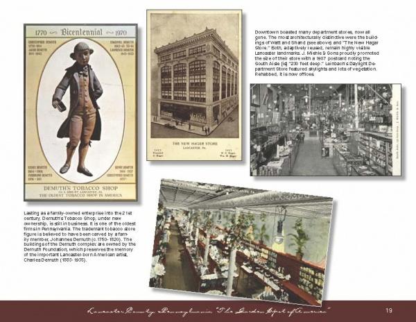 A collection of historic images from "Lancaster County, Pennsylvania, Postcards" by Schiffer Publishing, Ltd., including vintage photos of a tobacco shop ad, New Sagus Store, and bustling department store interiors—capturing Lancaster County’s vibrant past.