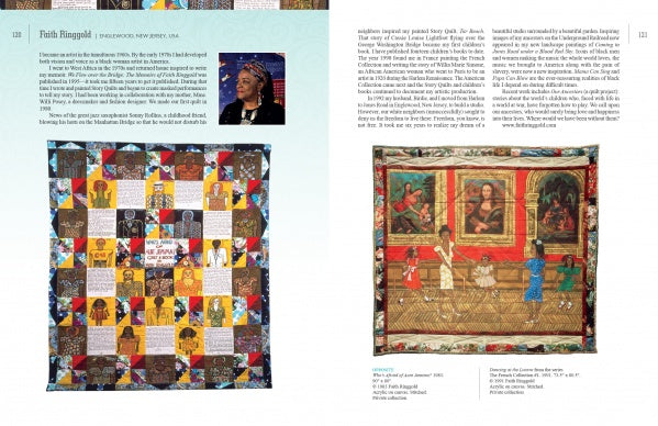 A spread in "Art Quilts Unfolding" by Schiffer Publishing, Ltd. highlights Faith Ringgold’s biography, portrait, vivid quilt art with diverse figures and patterns, and a colorful piece showing children viewing the Mona Lisa in a museum.