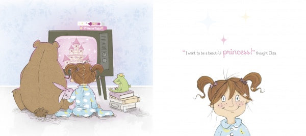 A girl in pajamas with her bunny plush sits with a bear and frog, watching a princess castle on TV and dreaming. "I Am Not a Princess!" by Schiffer Publishing, Ltd. is a heartwarming illustrated children’s book for preschoolers.