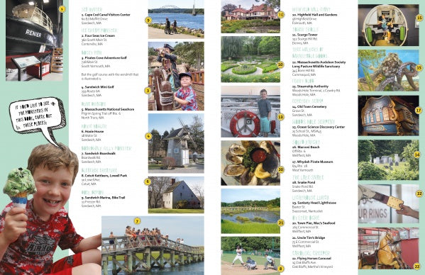 A two-page magazine spread lists family-friendly activities with numbers, descriptions, and photos. The left page shows a boy smiling with ice cream; the right features Schiffer Publishing's Wicked Creatures of Cape Cod and the Islands.