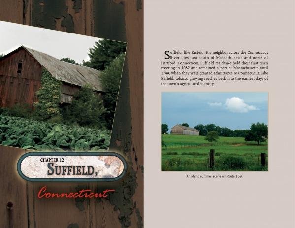 A rustic barn—reminiscent of classic Connecticut River Valley tobacco sheds—stands amid greenery under a cloudy sky, with text about Suffield, Connecticut. From "Tobacco Sheds" by Schiffer Publishing, Ltd.