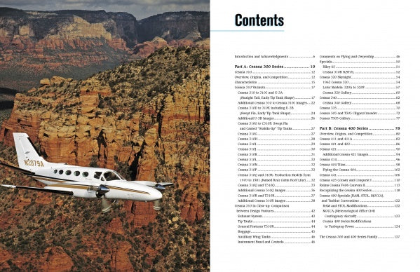 A Twin Cessna flies above red rock canyons under a blue sky. Beside the photo, a table of contents from Schiffer Publishing, Ltd.'s general aviation manual displays its sections and chapters.