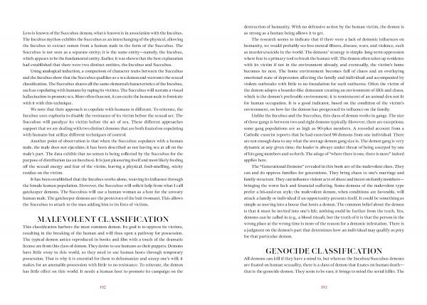 In Demons by Schiffer Publishing, Ltd., pages 192–193 feature MALEVOLENT CLASSIFICATION and GENOCIDE CLASSIFICATION, exploring human behaviors and categories, including how demonic possession may influence such acts.