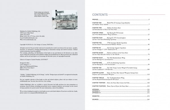 Two pages from "The History of Dyess Air Force Base" by Schiffer Publishing, Ltd.: the left page has publication details and a small black-and-white photo of a housing camp, while the right features a two-column table of contents with chapters and page numbers.