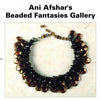 Ribbon Jewelry by Schiffer Publishing, Ltd. is showcased on a white background, highlighting its dark, shiny beads and brown circular accents that capture the artistry of jewelry-making workshop creations. The image is titled "Beaded Fantasies Gallery.