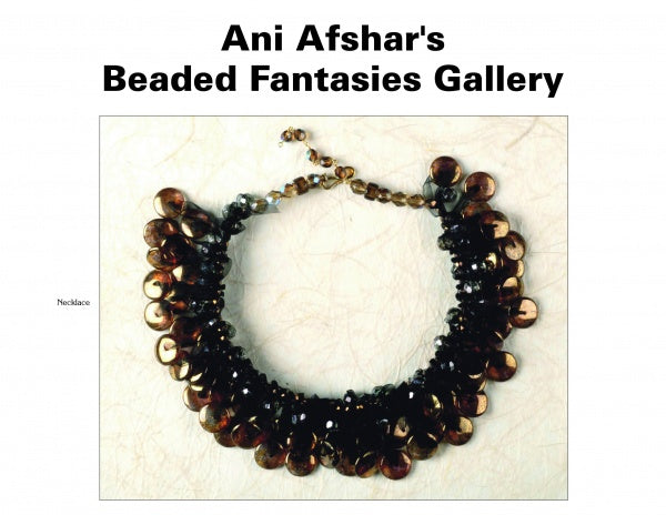 Ribbon Jewelry by Schiffer Publishing, Ltd. is showcased on a white background, highlighting its dark, shiny beads and brown circular accents that capture the artistry of jewelry-making workshop creations. The image is titled "Beaded Fantasies Gallery.