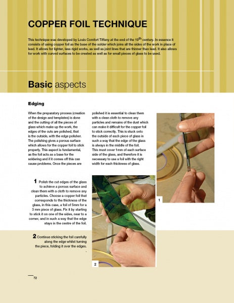 Instructional page for Leaded Glass by Schiffer Publishing, Ltd. shows hands applying copper foil to green glass pieces. Step-by-step text guides you in creating beautiful stained glass art, set against a yellow striped background.