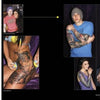 A magazine spread showcases Tattoo Road Trip by Schiffer Publishing, Ltd., featuring photos of tattooed individuals with detailed sleeve and side tattoos, plus a small image of two people smiling together.
