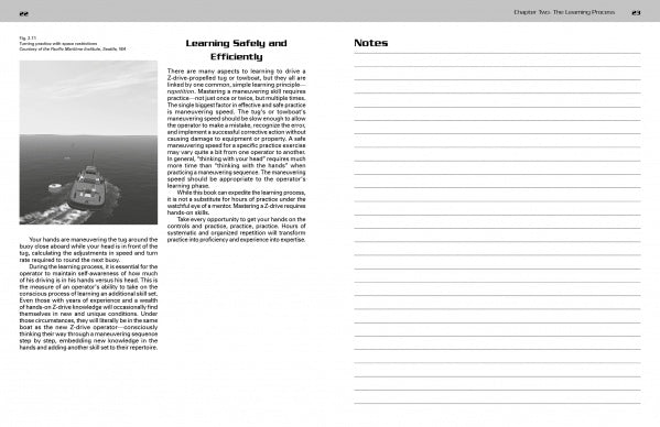 A page from "ASD Tugs: Thrust and Azimuth" by Schiffer Publishing, Ltd. features a photo of an ASD tug at sea, a "Learning Safely and Efficiently" section with text, and lined Notes on the right side.