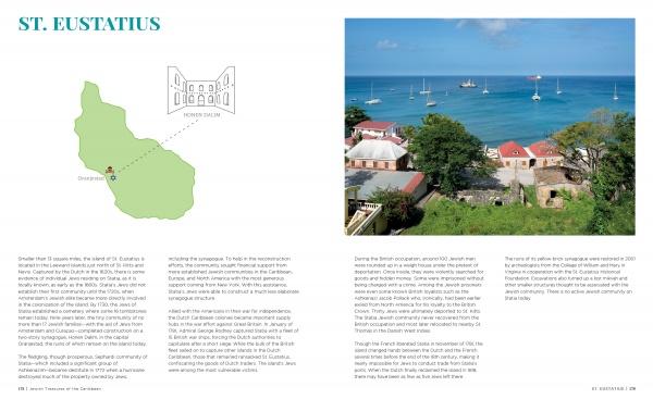 On the left, see a map of St. Eustatius with Oranjestad, and on the right, coastal Oranjestad’s colonial buildings and anchored boats—featured in Schiffer Publishing, Ltd.'s "Jewish Treasures of the Caribbean.