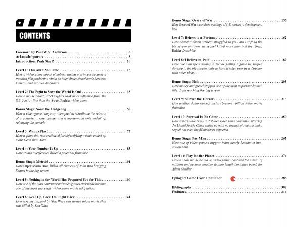 The table of contents from Lights, Camera, Game Over! by Schiffer Publishing, Ltd. lists chapters, page numbers, bonus video game movie stages, features a Pac-Man icon on page two, and references Hollywood and production histories.