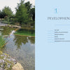 A landscaped garden pond with lush plants and trees on the left, and on the right, a blue page from Schiffer Publishing’s "A Guide to Building Natural Swimming Pools" outlining section topics, page numbers, and construction tips.