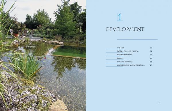 A landscaped garden pond with lush plants and trees on the left, and on the right, a blue page from Schiffer Publishing’s "A Guide to Building Natural Swimming Pools" outlining section topics, page numbers, and construction tips.
