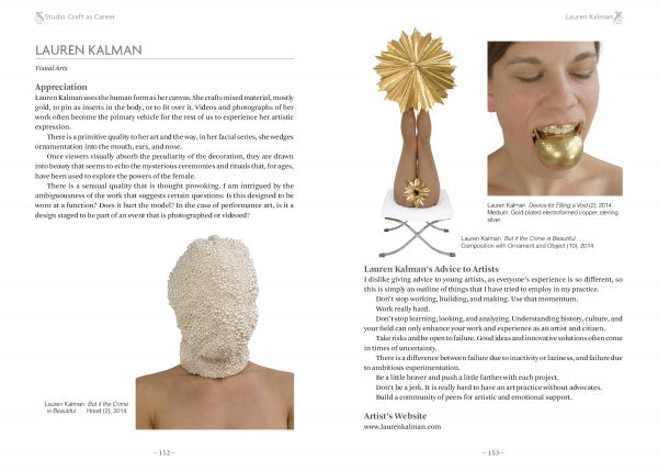 A magazine spread in Schiffer Publishing, Ltd.’s Studio Craft as Career highlights Lauren Kalman: left page shows a beaded mask on a head; right page displays a gold object in a woman’s mouth and gold flower sculpture, with text on Kalman and American craft.