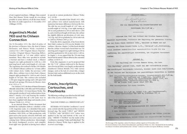A spread from "History of the Mauser Rifle in Chile" by Schiffer Publishing, Ltd. shows Chilean Mauser history and its connection to Argentina’s Model 1933 on the left page, with a German historical document on the right.