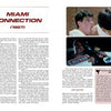 A two-page magazine spread from Schiffer Publishing, Ltd.'s "Mine's Bigger Than Yours" spotlights Miami Connection (1987), with text, two film stills (a neck bite and weapon scene), plus a review box from the Really Awful Movies podcast.