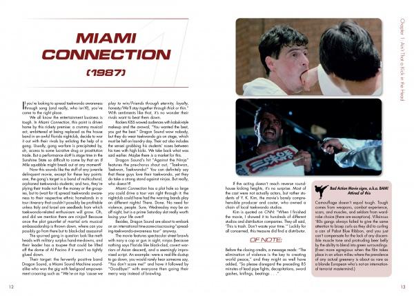 A two-page magazine spread from Schiffer Publishing, Ltd.'s "Mine's Bigger Than Yours" spotlights Miami Connection (1987), with text, two film stills (a neck bite and weapon scene), plus a review box from the Really Awful Movies podcast.
