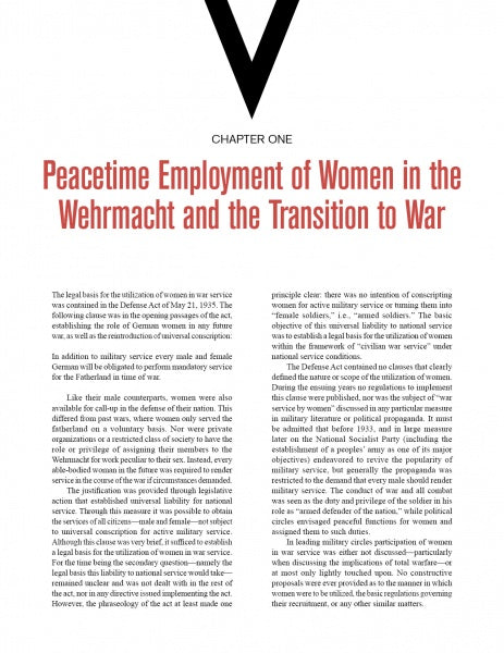 A page from Last Ride of the Valkyries by Schiffer Publishing, Ltd. shows a large V, a chapter heading, and discusses WWII uniforms and insignia worn by female auxiliaries in the German armed forces.
