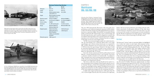 Two black-and-white photos depict British WWII aviation: one features a Hawker Hurricane in flight, the other shows a pilot beside his plane. The right page has text and a color image of Hurricanes over fields. Published by Schiffer Publishing, Ltd.