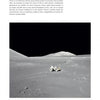 A desolate gray lunar landscape with astronaut equipment and a rover—a showcase of advanced space technology—sits at the center under a black sky. No people are visible. The book "From Space to Earth" by Schiffer Publishing, Ltd. features text above and below the photo.
