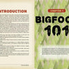A two-page spread from Seeking Bigfoot by Schiffer Publishing, Ltd.: left page features an orange Introduction with black text; right shows a green patterned background, bold black Chapter 1/BIGFOOT 101, and a cryptozoologist’s recent sighting account.