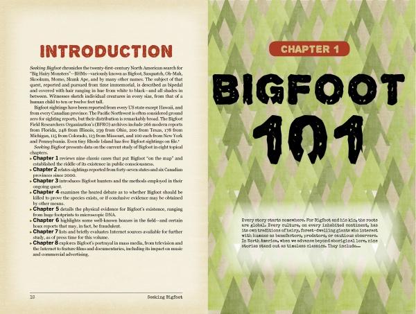 A two-page spread from Seeking Bigfoot by Schiffer Publishing, Ltd.: left page features an orange Introduction with black text; right shows a green patterned background, bold black Chapter 1/BIGFOOT 101, and a cryptozoologist’s recent sighting account.