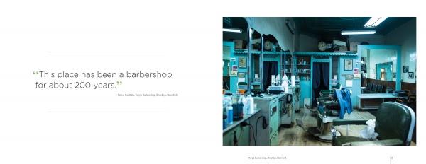 A quote reads, "This place has been a barbershop for about 200 years." On the right, Rob Hammer’s photo in Barbershops of America (Schiffer Publishing, Ltd.) captures a vintage space with classic chairs, mirrors, and shelves of barber supplies.