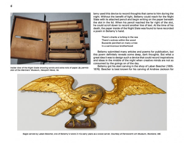 Photograph features two museum items: an ancient scroll in a wooden case and a Bellamy style eagle (as seen in "How to Carve Bellamy Eagles" by Schiffer Publishing, Ltd.), both on white backgrounds with descriptive labels.