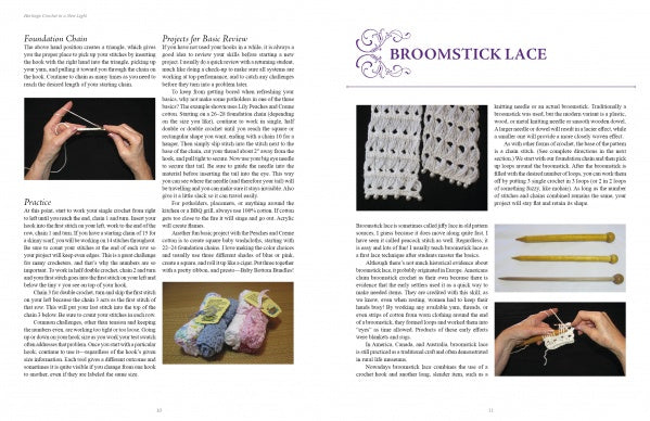 A magazine spread from Schiffer Publishing, Ltd.'s Heritage Crochet in a New Light showcases broomstick lace with photos of hand methods, finished lace and slippers, plus close-ups of techniques using yarn, needles, and a crochet hook. Heading: BROOMSTICK LACE.
