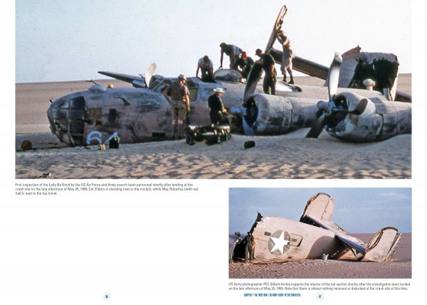 Soldiers examine the wreckage of Lady Be Good, a WWII bomber, in the Libyan Desert—its remains partly buried in sand. Discover more in "No Way Out" by Schiffer Publishing, Ltd.